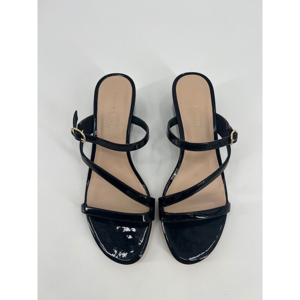 Stuart Weitzman Black Patent Leather Strappy Wedge Sandals Gold Buckle Size 8 - Picture 2 of 8